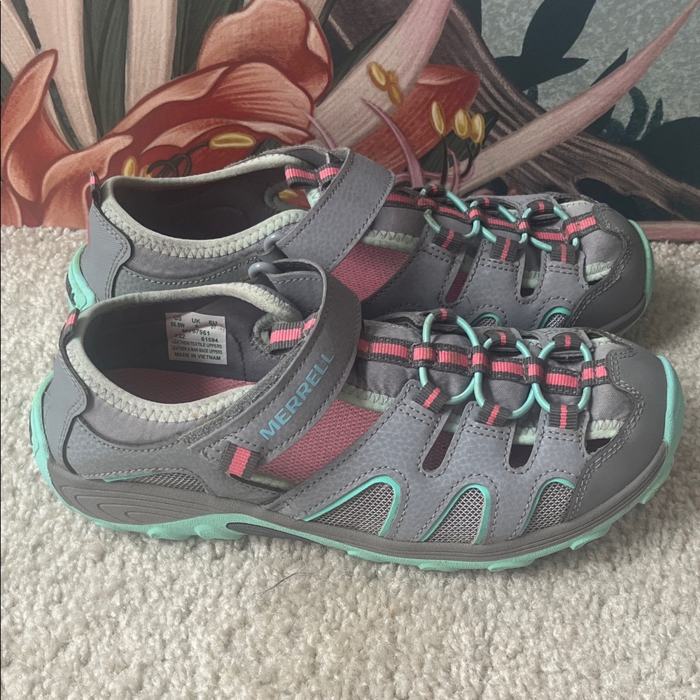 Merrell Gray and Teal Adventure Sandals, size 6 wide